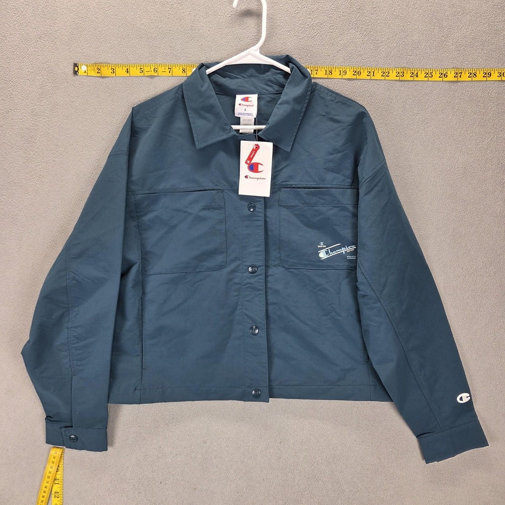 Champion Jacket Mens Large Blue Loose Fit Snap Front Windbreaker Athletic
